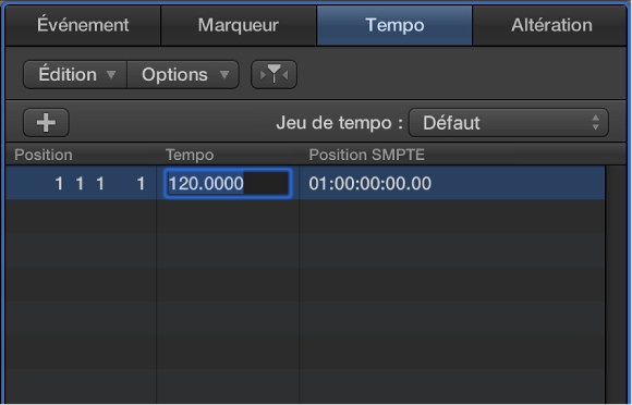 Figure. Onglet Tempo avec tempo sélectionné, prêt pour la saisie d’une nouvelle valeur de tempo.
