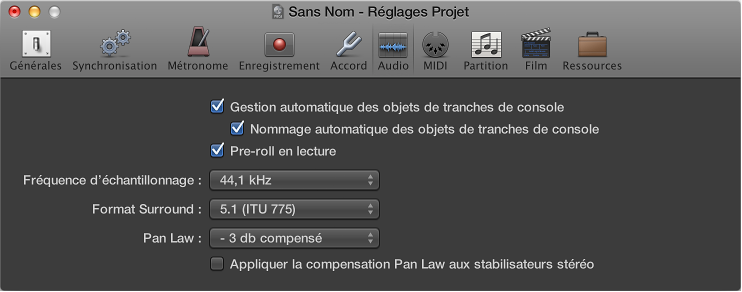 Figure. Menu Fréquence d’échantillonnage dans la sous-fenêtre des réglages de projet Audio
