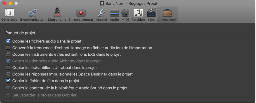 Figure. Sous-fenêtre Ressources dans les réglages du projet