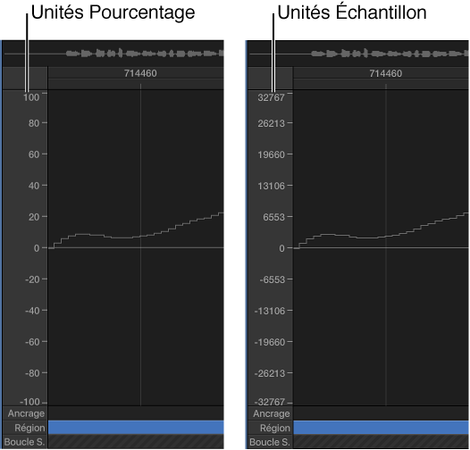 Figure. Échelle d’amplitude de la forme d’onde affichée en unités de pourcentage et en unités d’échantillons