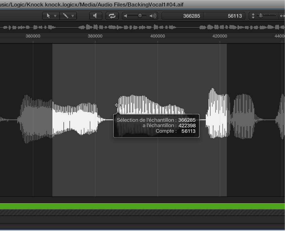 Figure. Sélection dans l’éditeur d’échantillons avec flèche double sur le centre.
