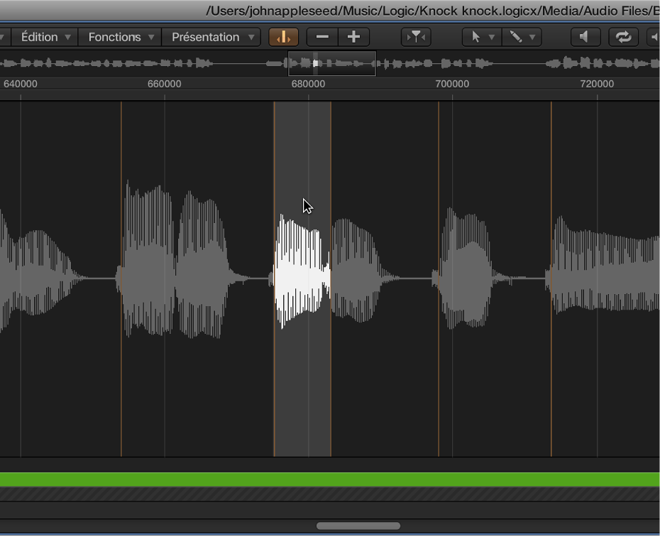 Figure. Sélection dans l’éditeur d’échantillons entre deux marqueurs d’éléments transitoires.