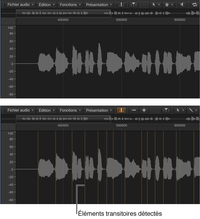 Figure. Région audio dans l’éditeur d’échantillons, avec éléments transitoires et sans éléments transitoires.