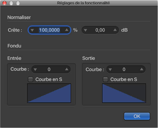 Figure. Fenêtre des réglages de fonction.