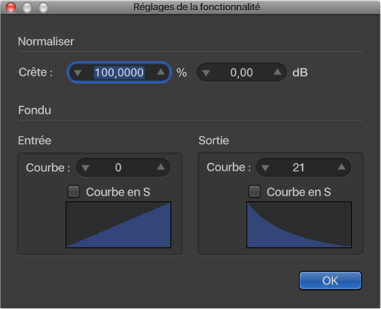Figure. Fenêtre des réglages de fonction avec valeur de courbe modifiée sur le fondu sortant.