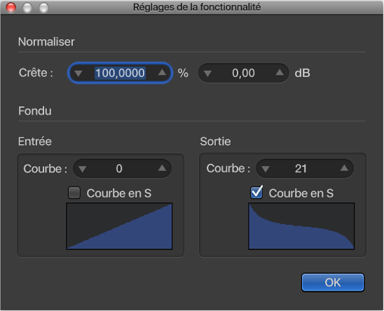 Figure. Fenêtre des réglages de fonction avec courbe en S sur le fondu sortant.