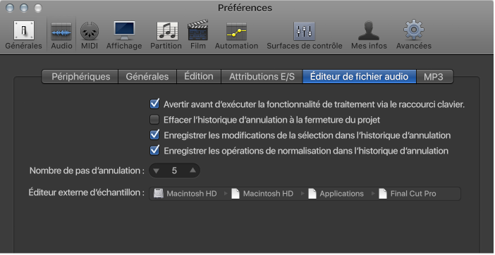 Figure. Sous-fenêtre Éditeur d’échantillons dans les préférences Audio.