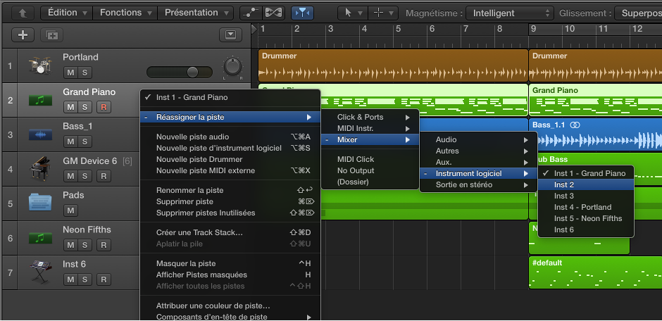 Figure. Menu contextuel Réassigner la piste, avec les destinations.