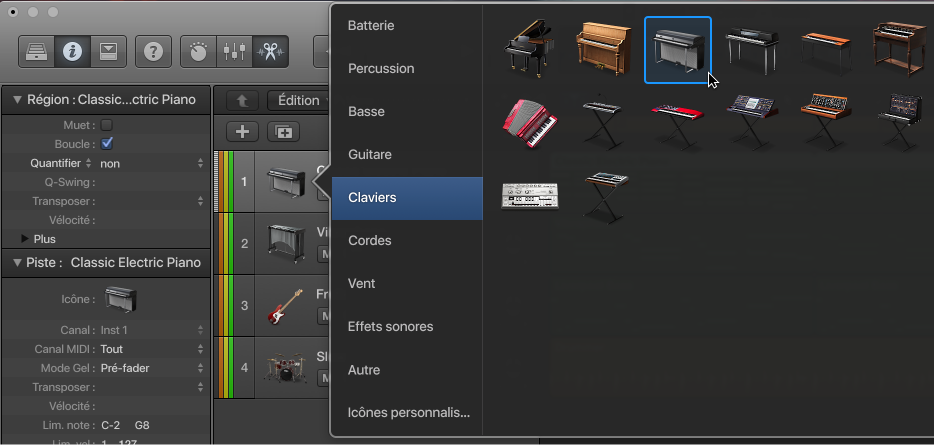 Figure. Sélection d’une icône de piste dans le menu contextuel Icône.