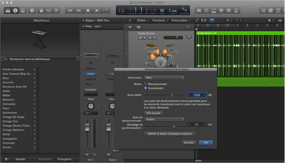 Figure. Zone Pistes avec la piste audio agrandie, la bibliothèque ouverte présentant les sons de batterie et la zone de dialogue « Remplacement/Doublement de la batterie » ouverte.