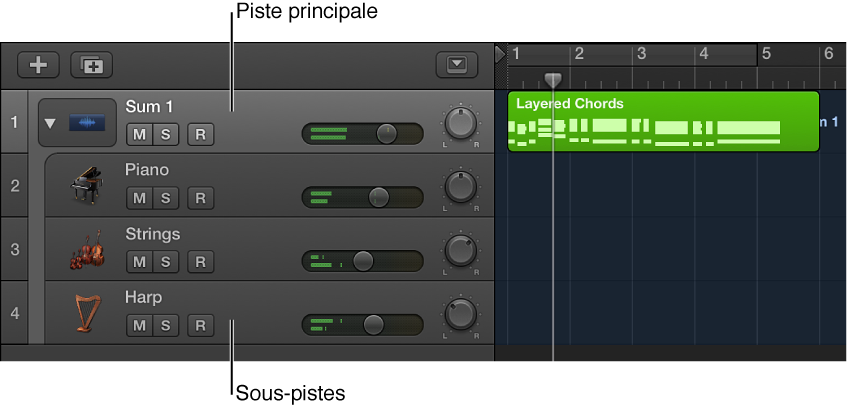 Figure. Pile de sommation, affichant la piste principale et les sous-pistes.