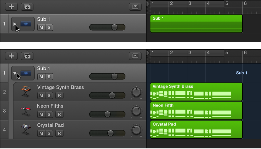 Figure. Track Stack avec triangle d’affichage en position fermée et ouverte.