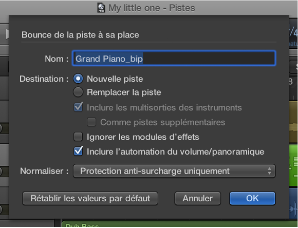 Figure. Zone de dialogue « Bounce de la piste à sa place ».