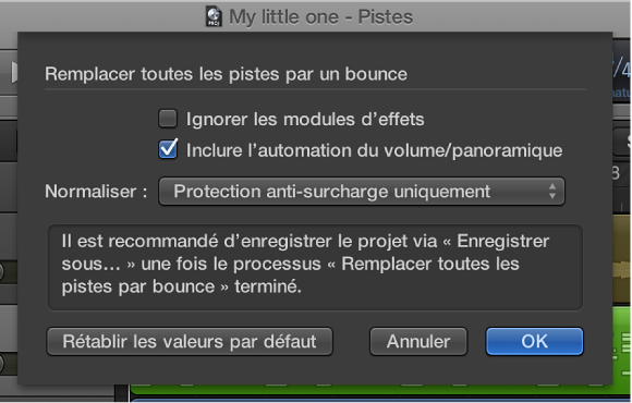 Figure. Zone de dialogue Remplacer toutes les pistes par un bounce.