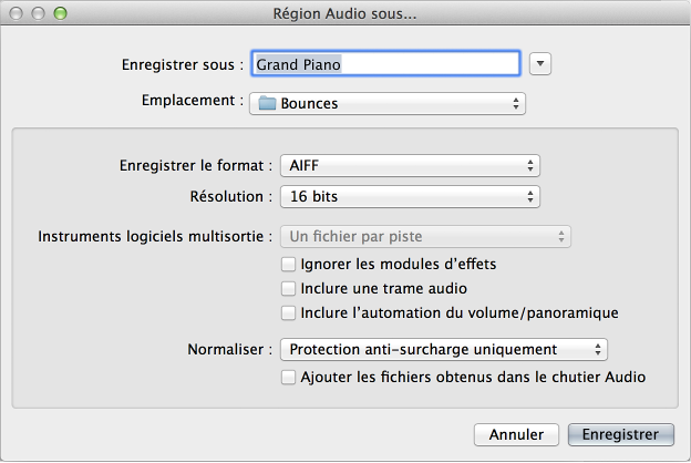 Figure. Zone de dialogue Région comme fichier audio.