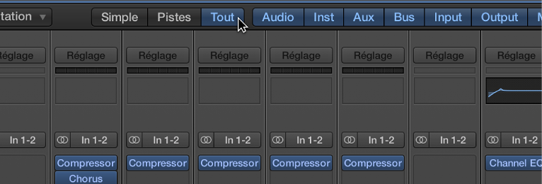 Figure. Pointeur placé sur le bouton Tout dans la table de mixage.