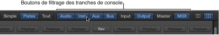 Figure. Boutons de filtrage des tranches de console sur la table de mixage.