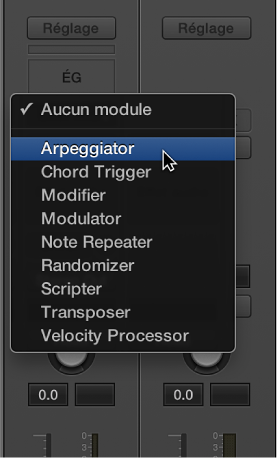 Figure. Choix d’un effet MIDI dans le menu local.