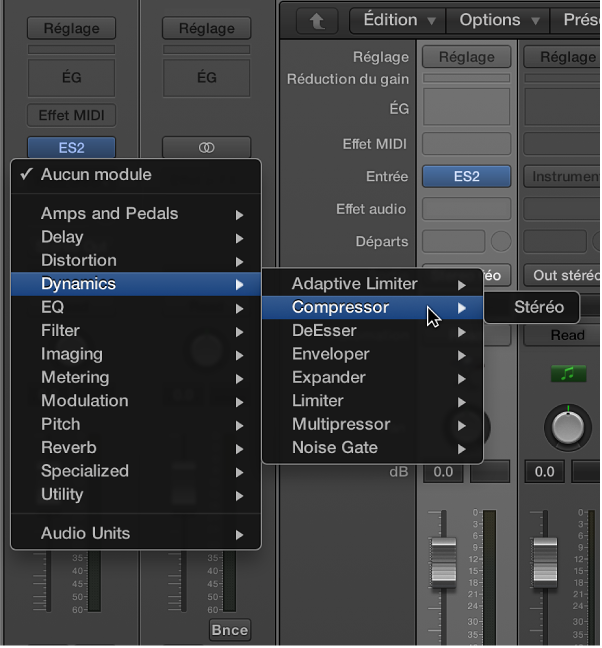 Figure. Choix d’un effet audio dans le menu local.