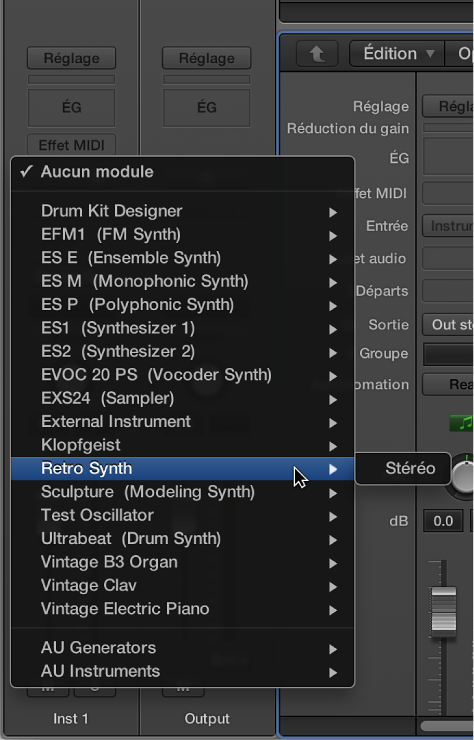 Figure. Choix d’un instrument dans le menu local.