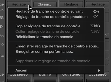 Figure. Menu local Réglage ouvert.