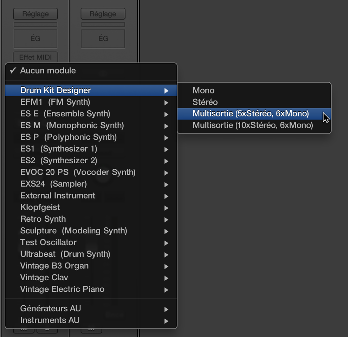 Figure. Menu local de slot d’instrument avec option Multisortie EXS24.