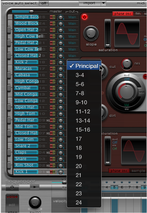 Figure. Fenêtre de module Ultrabeat avec menu local de sortie d’instrument.