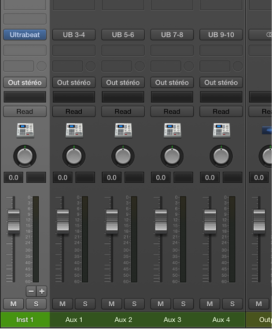 Figure. Tranches de console auxiliaires associées à l’instrument multisortie Ultrabeat.