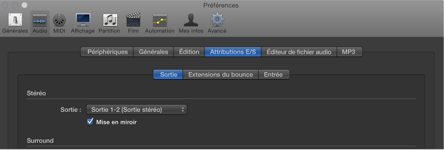 Figure. Section Sortie de la sous-fenêtre Attributions E/S des préférences audio.