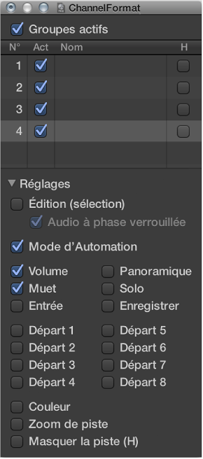 Figure. Fenêtre des réglages de groupe. 