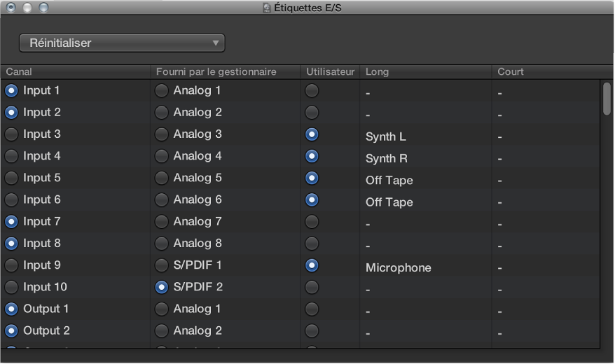 Figure. Fenêtre Étiquettes d’E/S.