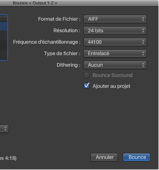 Figure. Options PCM dans la fenêtre Bounce.