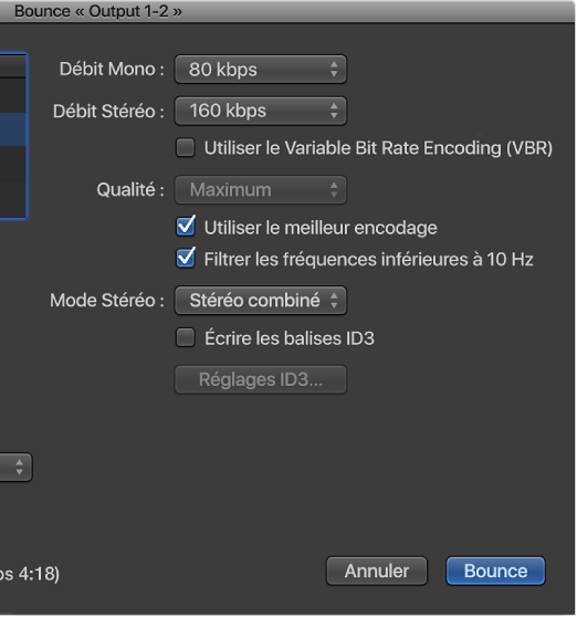Figure. Options MP3 dans la fenêtre Bounce.