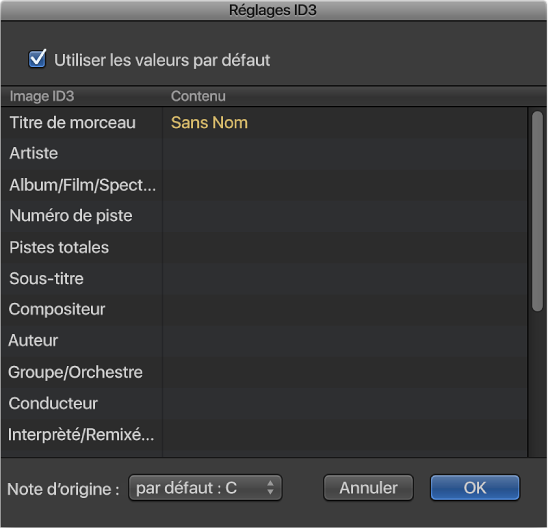 Figure. Zone de dialogue Réglages ID3.