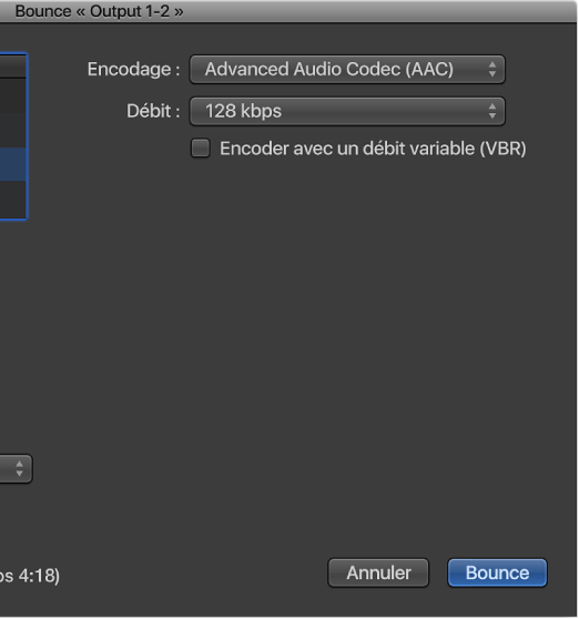 Figure. Options du format M4A AAC dans la fenêtre Bounce.