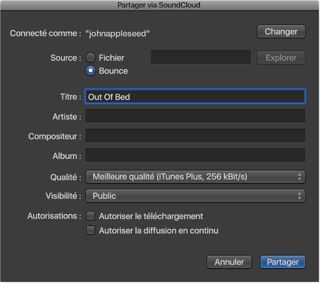 Figure. Zone de dialogue Partager via SoundCloud.