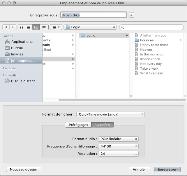 Figure. Zone de dialogue Réglages audio.