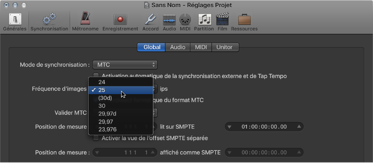 Figure. Menu local Fréquence d’images affiché dans les réglages de synchronisation du projet.
