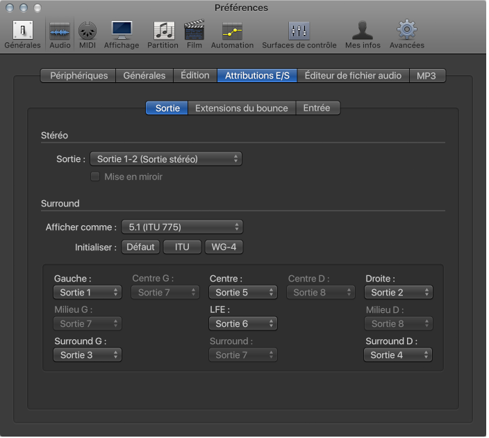 Figure. Sous-fenêtre Assignations E/S des préférences Audio.
