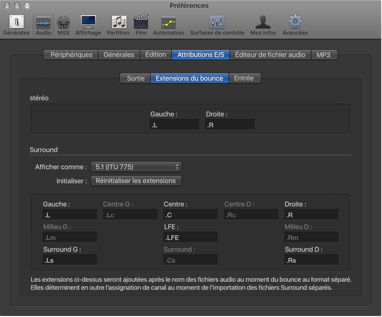 Figure. Sous-fenêtre Extensions du Bounce.