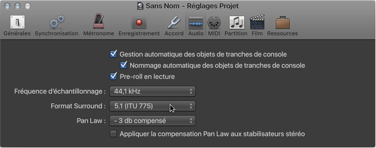 Figure. Sous-fenêtre Audio des réglages de projet.