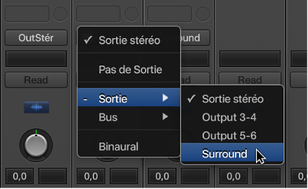 Figure. Sélection de Surround dans le menu local Sortie d’une tranche de console.