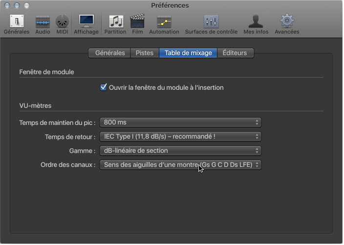 Figure. Sous-fenêtre des préférences d’affichage de la table de mixage.