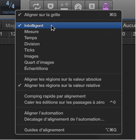 Figure. Menu local Alignement pour la zone Pistes.