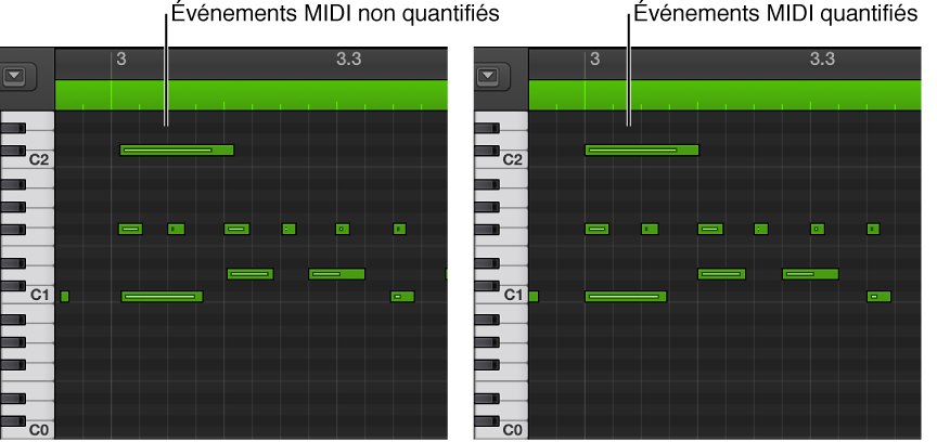 Figure. Événements MIDI sans quantification puis quantifiés dans l’éditeur de clavier.
