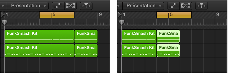 Figure. Paire d’images montrant la commande « Couper la section entre les locators » dans la zone Pistes.