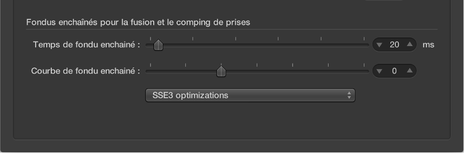 Figure. Paramètres de fondu dans les préférences audio générales