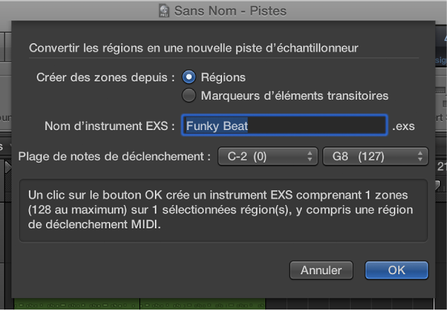 Figure. Zone de dialogue Convertir les régions en une nouvelle piste d’échantillonneur.