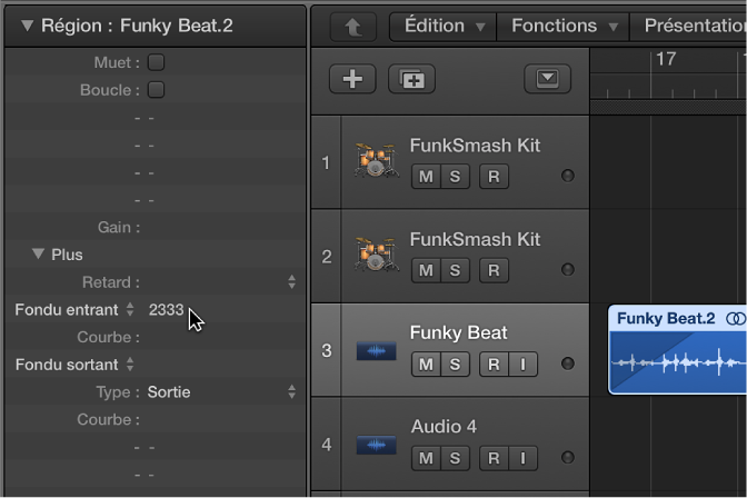 Figure. Paramètre Fondu entrant dans l’inspecteur de région, également repris dans la zone Arrangement.