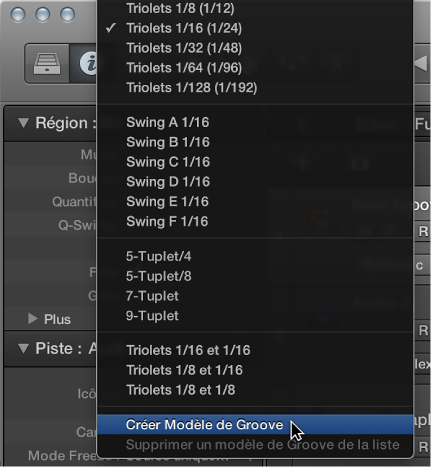 Figure. Option « Créer un modèle de Groove » sélectionnée dans le menu local Quantifier.